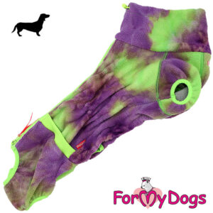 Mäyräkoira urokselle suunniteltu fleece haalari, on hyvin istuva ja väriltään vihreä ja violetti.